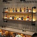 Wall Mounted Wine Rack with LED Light - 2-Tier Solid Wood Industrial Rustic Floating Shelves, Bottle Storage Organizer for Kitchen, Bar, Pub, Cellar, Home Bar (Walnut, 2-140cm/55.1in)