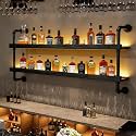 Wall Mounted Wine Rack with LED Light - 2-Tier Solid Wood Industrial Rustic Floating Shelves, Bottle Storage Organizer for Kitchen, Bar, Pub, Cellar, Home Bar (Black, 2-125cm/49.2in)