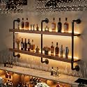 Wall Mounted Wine Rack with LED Light - 2-Tier Solid Wood Industrial Rustic Floating Shelves, Bottle Storage Organizer for Kitchen, Bar, Pub, Cellar, Home Bar (Walnut, 2-155cm/61in)