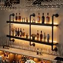 Wall Mounted Wine Rack with LED Light - 2-Tier Solid Wood Industrial Rustic Floating Shelves, Bottle Storage Organizer for Kitchen, Bar, Pub, Cellar, Home Bar (Black, 2-155cm/61in)