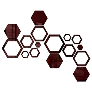wall1ders 4 hexagon and 12 hexagon shapes different size golden hexagon mirror wall stickers brown