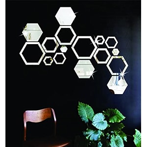 wall1ders 4 hexagon and 12 hexagon shapes different size silver acrylic mirror wall decor sticker wall mirror stickers acrylic stickers wall stickers for hall room bed room kitchen