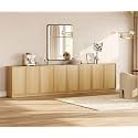 WAMPAT 126" Modern Sideboard Buffet Cabinet with 8 Doors, Multifunctional Sideboard with Large Storage and Adjustable Shelf, Coffee Bar Cabinet Storage Cabinet for Kitchen, Living Room, Oak