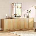 WAMPAT 94.5" Modern Sideboard Buffet Cabinet with 6 Doors, Multifunctional Sideboard with Large Storage and Adjustable Shelf, Coffee Bar Cabinet Storage Cabinet for Kitchen, Living Room, Oak