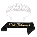 WP WANNA PARTY 50th Birthday Crown Tiara and Sash Combo - Silver, Black - Women's 50th Birthday Accessory