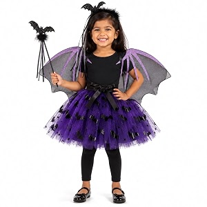 wanna party bat girl tutu dress costume set for kids  4pc  black amp purple bat theme fancy dress set with headband amp wings  halloween costume school event theme party role play amp photo shoot