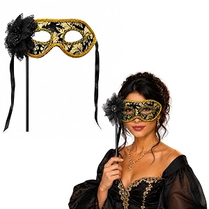 wanna party black amp gold hand holding venetian masquerade eye mask with flower amp stick handle  fancy dress party mask for adults  carnival halloween theme party cosplay amp photo props  1pc