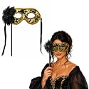 Wanna Party Black &amp; Gold Hand Holding Venetian Masquerade Eye Mask with Flower &amp; Stick Handle | Fancy Dress Party Mask for Adults | Carnival, Halloween, Theme Party, Cosplay &amp; Photo Props | 1PC