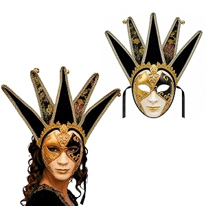 wanna party black amp gold venetian jester full face mask  decorative masquerade joker mask with tall crown design  fancy dress carnival halloween theme party cosplay amp photo prop for adults  1pc