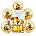 Wanna Party Cheers Beer Mug Supershape Foil Balloon Set of 6 for Celebration Decoration | Beer Mug Balloon + Gold Confetti Balloons | Helium Supported Party Decor for Birthday, Anniversary &amp; New Year