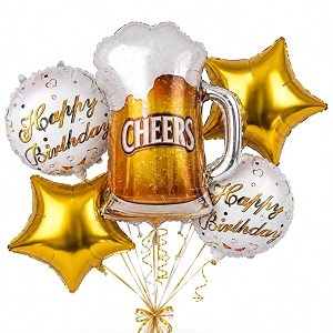 wanna party cheers on beers birthday foil balloon bouquet set of 5  beer mug amp star theme helium supported balloons for birthday party decoration cake table setup amp celebration backdrop