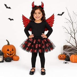 wanna party devil angel tutu dress costume set for kids  3pc  red amp black fancy dress set with devil horn headband amp wings  halloween costume school fancy dress theme party