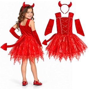 wanna party fiery devil costume for kids size m age 46 years  red halloween fancy dress with short devil dress attached tail amp headband  girls costume for halloween party amp school fancy dress