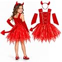 Wanna Party Fiery Devil Costume for Kids, Size M Age 4–6 Years | Red Halloween Fancy Dress with Short Devil Dress, Attached Tail &amp; Headband | Girls Costume for Halloween Party &amp; School Fancy Dress