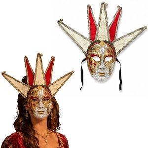 wanna party golden amp red volto full face venetian fancy mask with jester headpiece masquerade costume face mask for adults carnival halloween cosplay fancy dress amp theme party