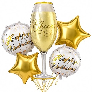 wanna party golden champagne glass birthday foil balloon bouquet set of 5  gold theme helium supported balloons for birthday party decoration cake table setup amp celebration backdrop