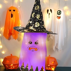 wanna party halloween lighted witch hat and ghost string light decoration- light up hanging witch hat ghost jack-o-lantern colorful light decor for indoor outdoor halloween yard porch decor- purple