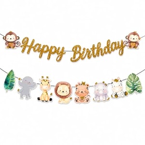 wanna party happy birthday glitter jungle animal paper banner  9 feet set of 2  safari theme birthday hanging banners for kids party decoration cake table wall backdrop amp photo booth decor