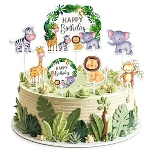 wanna party jungle animal theme cake topper set - 7pc happy birthday cake decorations with safari animals lion elephant giraffe zebra amp monkey for kids birthday party jungle theme cake decor