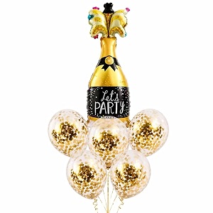 wanna party lets party champagne glass foil balloon set of 6 for celebration decoration  1 supershape champagne balloon  5 gold confetti balloons  helium supported party decor supplies