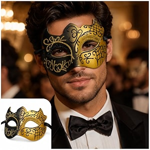 wanna party macho golden eye mask for men  black amp gold masquerade eye mask with glitter detailing  venetian party mask for halloween carnival costume party cosplay photo prop  1pc