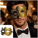 Wanna Party Macho Golden Eye Mask for Men | Black & Gold Masquerade Eye Mask with Glitter Detailing | Venetian Party Mask for Halloween, Carnival, Costume Party, Cosplay, Photo Prop | 1PC