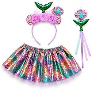 wanna party mermaid dress for girls  3pc purple mermaid tutu costume with shimmer scale skirt floral headband amp wand  kids fancy dress for birthday school theme party amp role play