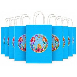 wanna party mermaid theme paper gift bags for kids  pack of 12 blue  8 x 6 x 3 inch birthday return gift bags goodie bags party favour bags treat bags amp small gift bags