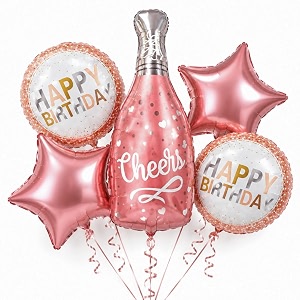 wanna party pink champagne bottle birthday foil balloon bouquet set of 5  pink theme helium supported balloons for birthday party decoration cake table setup amp celebration backdrop
