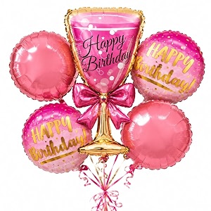 wanna party pink champagne glass birthday foil balloon bouquet set of 5  pink theme helium supported balloons for birthday party decoration cake table setup amp celebration backdrop