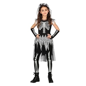 wanna party sassy skeleton costume for kids- skeleton jumpsuit costume with tutu and floral headband with white veil - size s - age 3 to 5 for halloween costume for girls