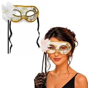 wanna party white amp gold hand holding venetian masquerade eye mask with flower amp stick handle  fancy dress party mask for adults  carnival halloween theme party cosplay amp photo prop  1pc