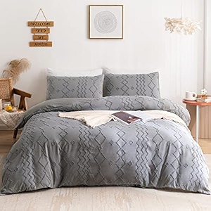 warmdern boho duvet cover set 3 piece grey full duvet cover set washed microfiber tufted bedding set with zipper closure stripes duvet cover and 2 pillowcasesfullgrey