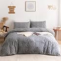 WARMDERN Boho Duvet Cover Set 3 Piece Grey Full Duvet Cover Set Washed Microfiber Tufted Bedding Set with Zipper Closure Stripes Duvet Cover and 2 Pillowcases(Full,Grey)
