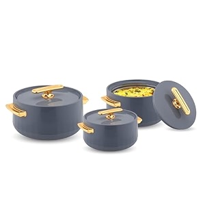 warmeo pearl round shape inner steel casserole bpa freeadvanced pu insulationkeeps food hot amp fresh for long hourschapati roti biryani and more set of 3 15002000 2500ml color- iron grey