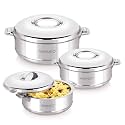 WARMEO Steam Insulated Stainless Steel Casseroles| Easy to Carry Hot Boxes for Kitchen | Hot Food, Easy to Store| Silver| Set of 3 (1500,2500,3500ml)