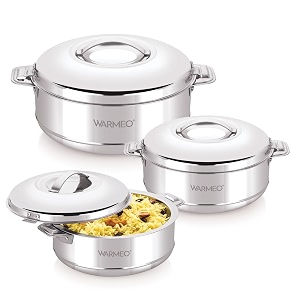 warmeo steam insulated stainless steel casseroles easy to carry hot boxes for kitchen  hot food easy to store silver set of 3 10001500 2500ml
