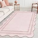 Washable 3x5 Indoor Entryway Rug, Solid Pink Non Slip Rugs for Bedroom Girls, Stain Resistant Scalloped Soft Carpet for Nursery Dorm Kitchen