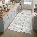Washable Neutral Blue Kitchen Runner Rug Set of 3
