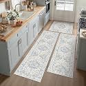 Washable Neutral Blue Kitchen Runner Rug Set of 3