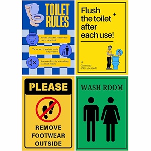 washroom amp toilet sign sticker set pack of 4  toilet rules flush after use remove footwear washroom sign  self-adhesive wall sign boards with corner holes  205 x 145 cm flush the toilet medium -205 x 145 cm
