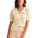 Watashi Womens Ruffle Collar Puff Short Sleeve Knit Sweater