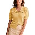 Watashi Womens Ruffle Collar Puff Short Sleeve Knit Sweater