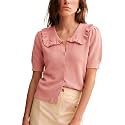 Watashi Womens Ruffle Collar Puff Short Sleeve Knit Sweater