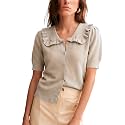 Watashi Womens Ruffle Collar Puff Short Sleeve Knit Sweater