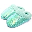 WateLves Girls Slippers Toddler Kids Plush Sequin Slip On Slippers Memory Foam Warm House Shoes for Indoor Outdoor