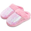 WateLves Girls Slippers Toddler Kids Plush Sequin Slip On Slippers Memory Foam Warm House Shoes for Indoor Outdoor