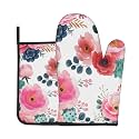 Watercolor Floral Oven Mitts and Pot Holders Sets Pink Botanical Prints Oven Mitts Heat Resistant Vintage Flowers Kitchen Gloves Hot Pads Two Piece Set for Cooking Baking Grilling BBQ