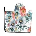Watercolor Floral Oven Mitts and Pot Holders Sets Colorful Botanical Prints Oven Mitts Heat Resistant Vintage Flowers Kitchen Gloves Hot Pads Two Piece Set for Cooking Baking Grilling BBQ