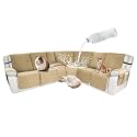 Waterproof Sectional Reclining Couch Covers L Shaped Recliner Sectional Sofa Cover 8 Piece Non Slip Washable Corner Recliner Slipcover Set for Pet Dog (5 Seater 1 Console Cover, Tan)